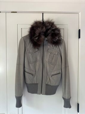 Danier Italian Leather Jacket Fox Fur Collar Grey Moto Bomber Small